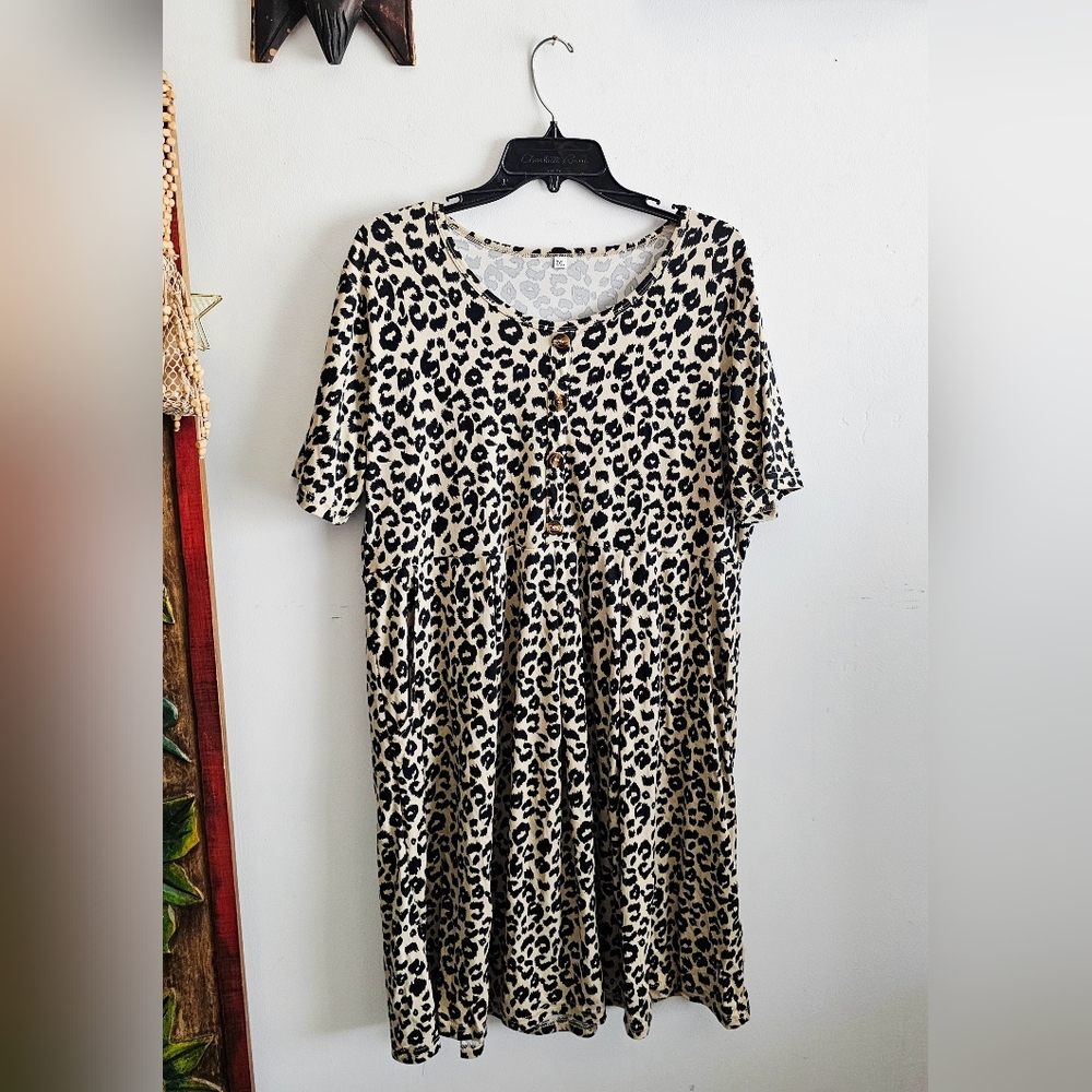 Leopard Print A-line Dress With Pockets Plus Size 2xl